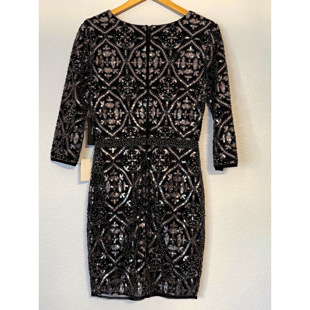 Lulus NWT Sequin Beaded Geo Bodycon Mini Dress Black Gold Silver 3/4 Sleeve S